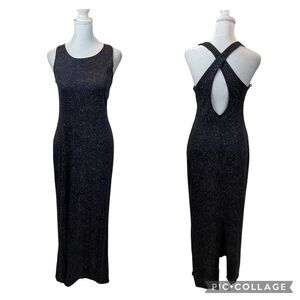 Vintage Jump Apparel Co Black and Silver Keyhole Back Evening Gown Size 3/4